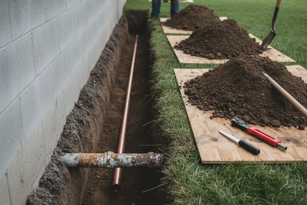 Excavated water line trench during Water Softener Installation in Carlin